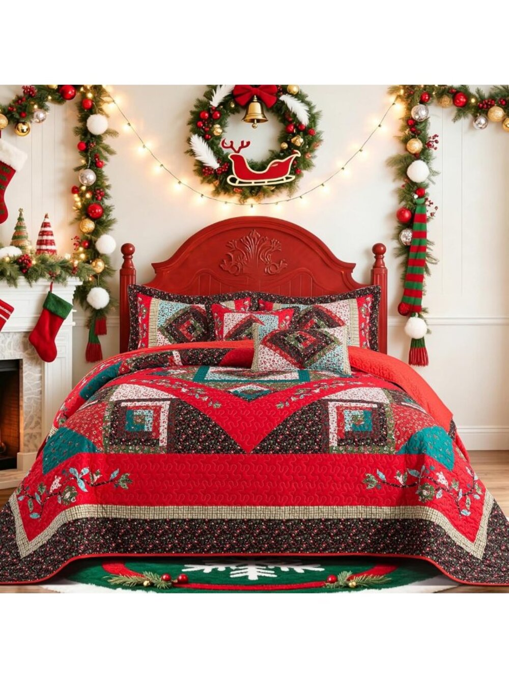 Cozy Christmas Queen Quilt Set - 100% Cotton Bedding for Festive Home Decor